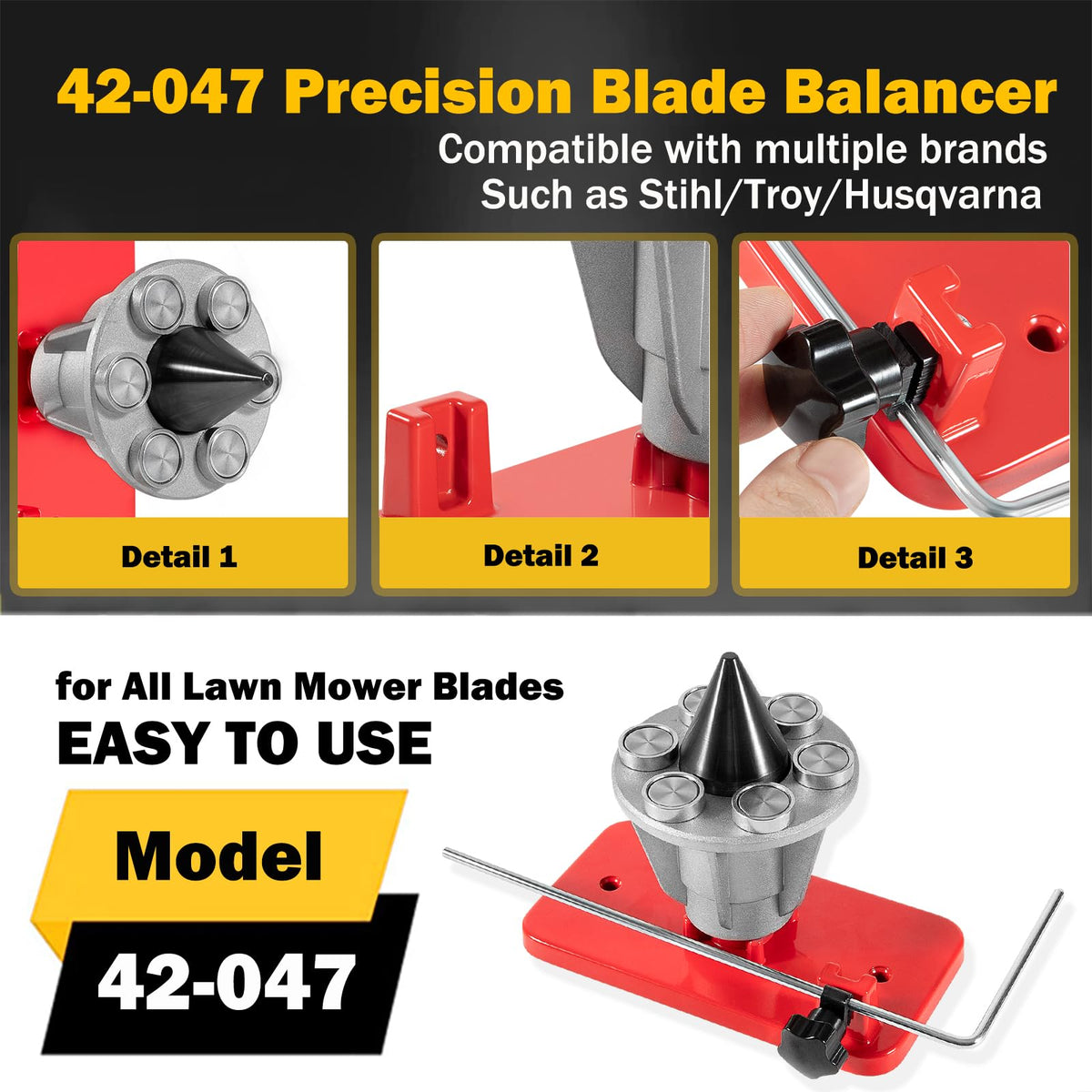 E-cowlboy blade balancer on mower blade demonstrating easy balancing.