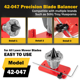 E-cowlboy blade balancer on mower blade demonstrating easy balancing.