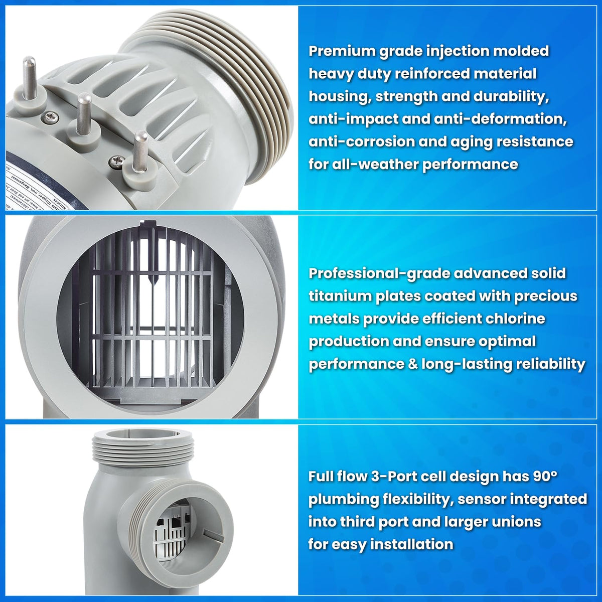 E-cowlboy PLC700 3-port salt cell with flexible plumbing options.