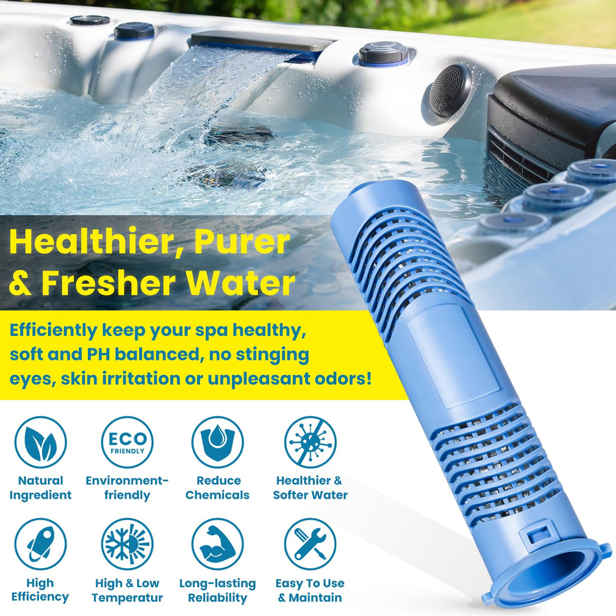 Mineral cartridge in action improving spa water clarity with E-cowlboy.