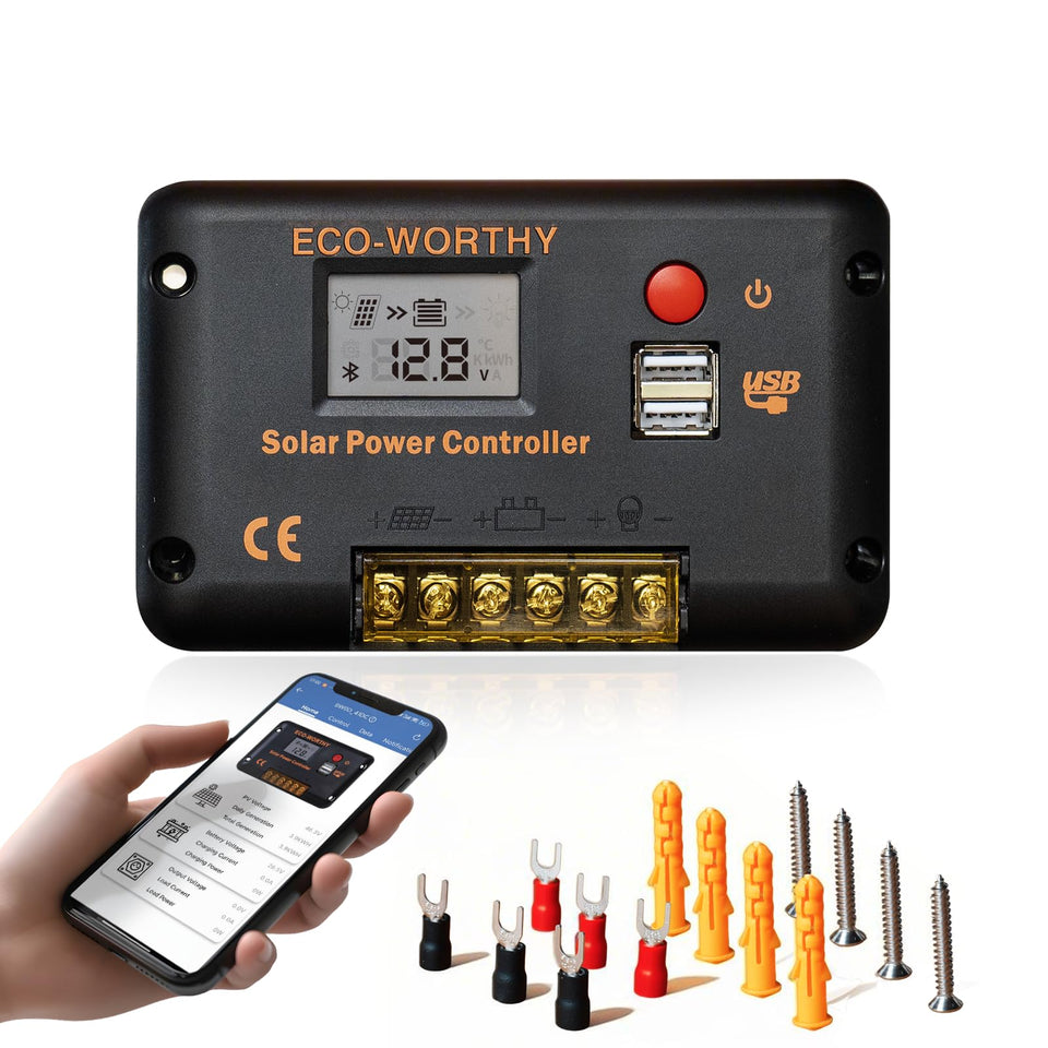 Eco-Worthy 30A solar charger controller front view with LCD status indicators for at-a-glance monitoring.