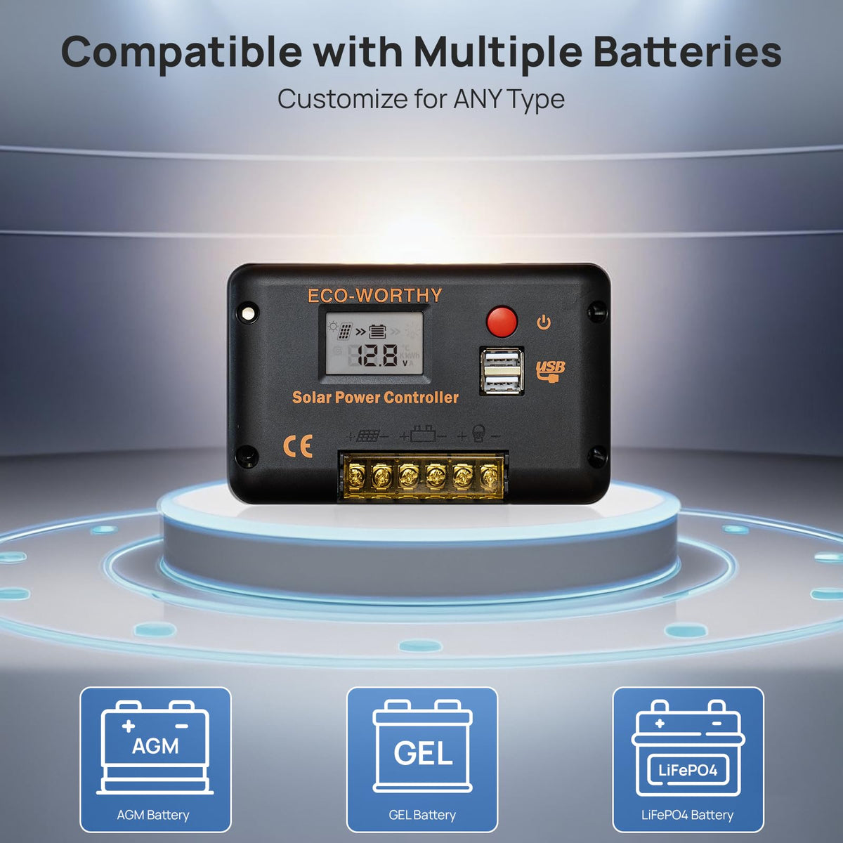 Eco-Worthy dual USB ports delivering 5V/2.5A for convenient device charging.