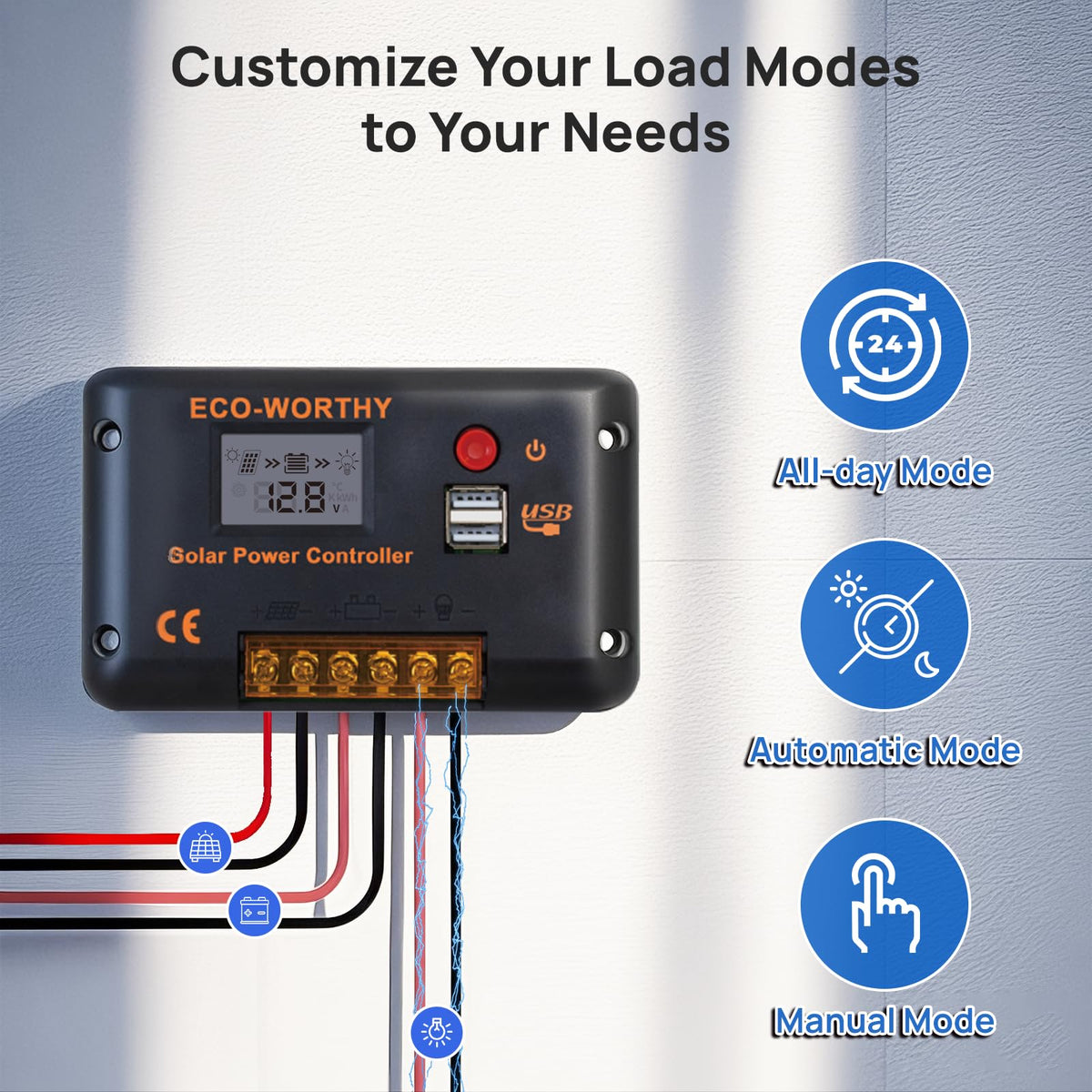 Eco-Worthy LCD display displaying status, mode, and configuration options clearly.