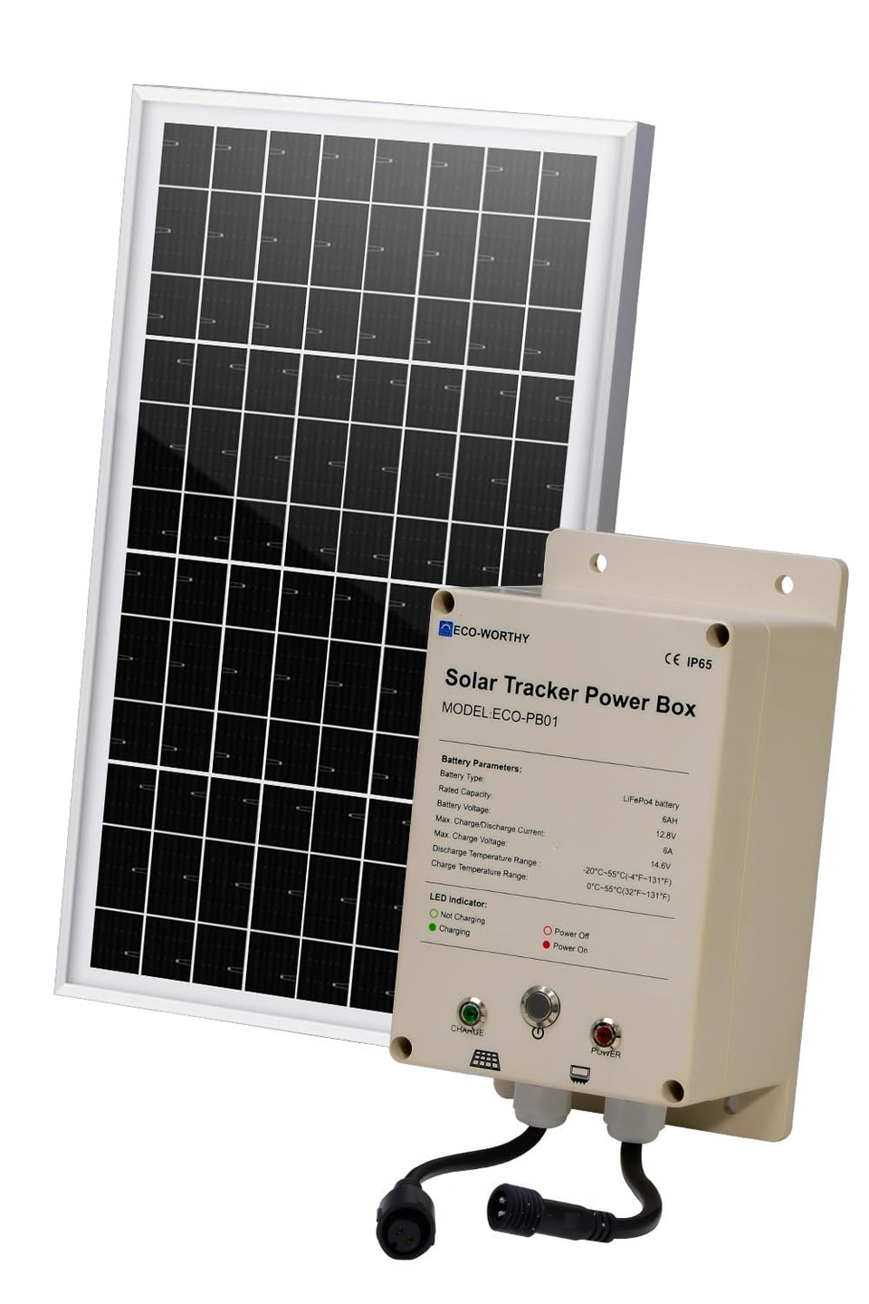 ECO-WORTHY Power Box front view showing durable IP65 enclosure for outdoor trackers.