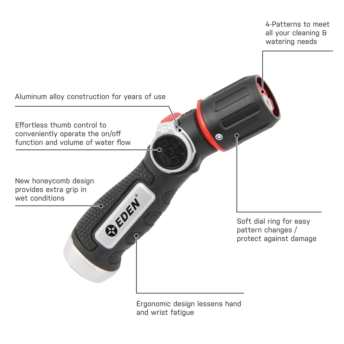 Eden 96845 Pro thumb-control pattern selection for versatile watering tasks.