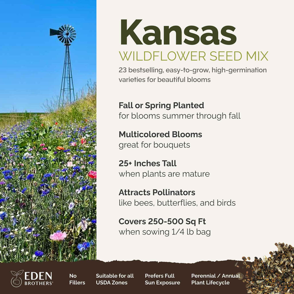 Close-up of Eden Brothers Kansas Wildflower Mixed Seeds, pure blend for pollinator-friendly gardens.