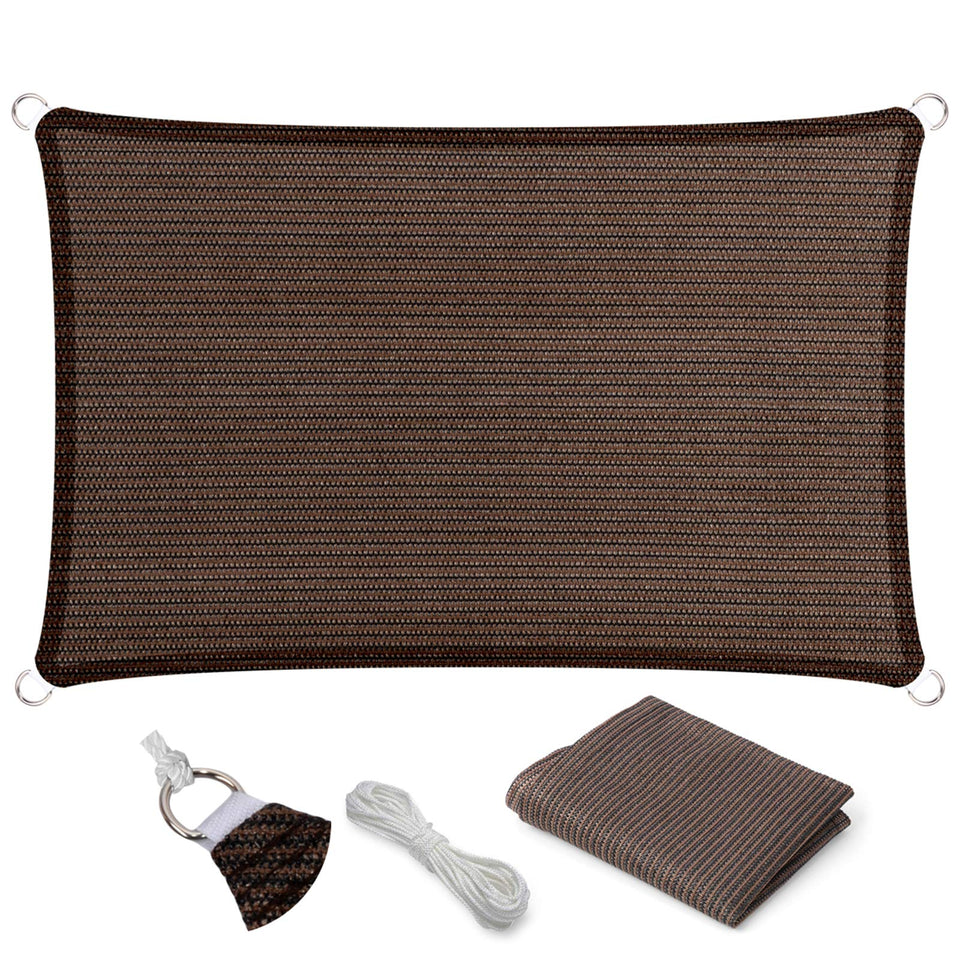Eden's Decor straight flat-edged sun sail in brown blocks UV rays for patio shade.