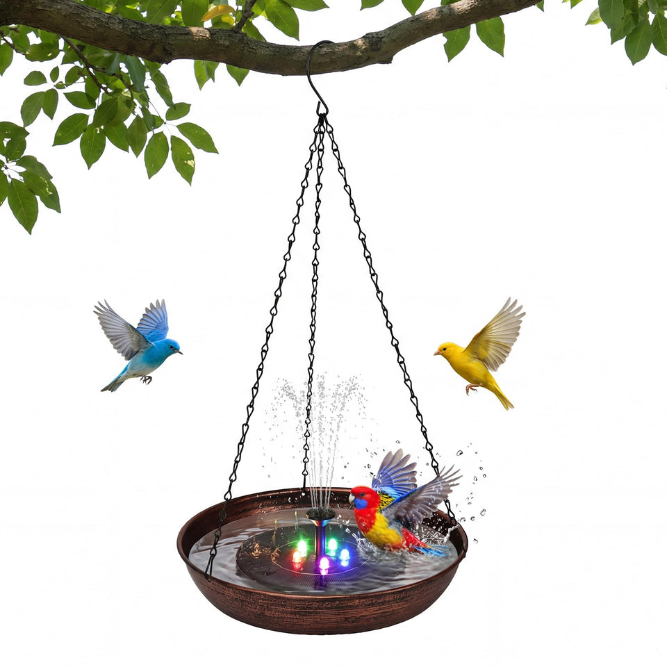 Edenseelake hanging bird bath with color-changing fountain attracts birds outdoors