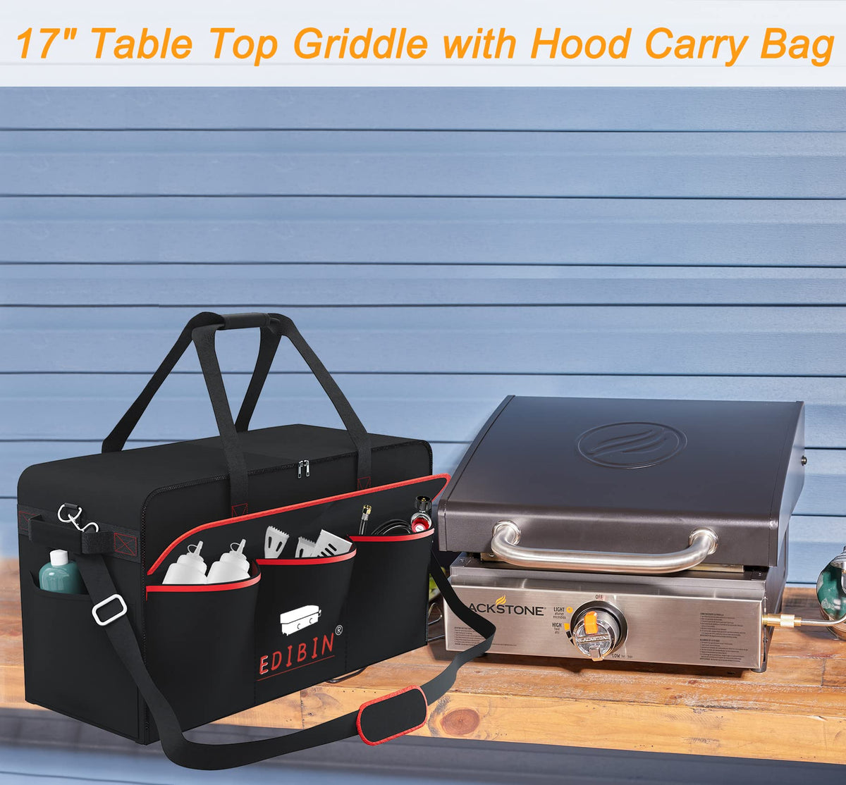 EDIBIN griddle bag features inner adjustable buckle to secure hooded griddle.