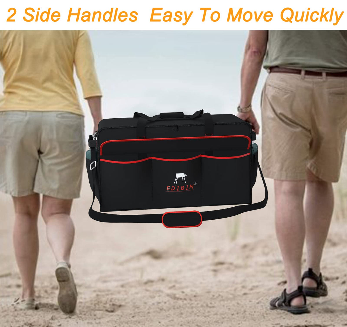 EDIBIN griddle bag includes padded detachable shoulder strap for hands-free carrying.