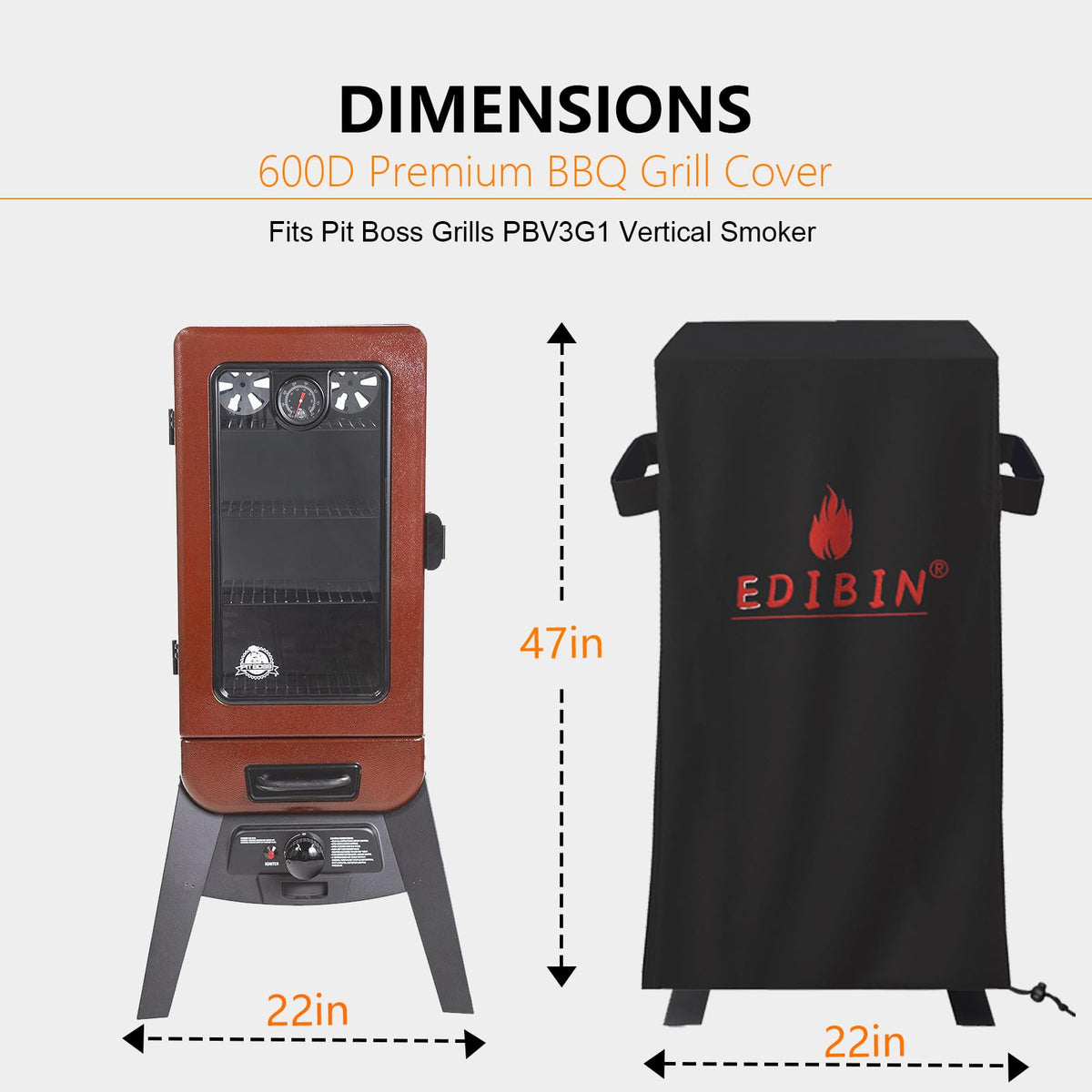 EDIBIN PBV3G1 smoker cover side view shows durable 600D fabric