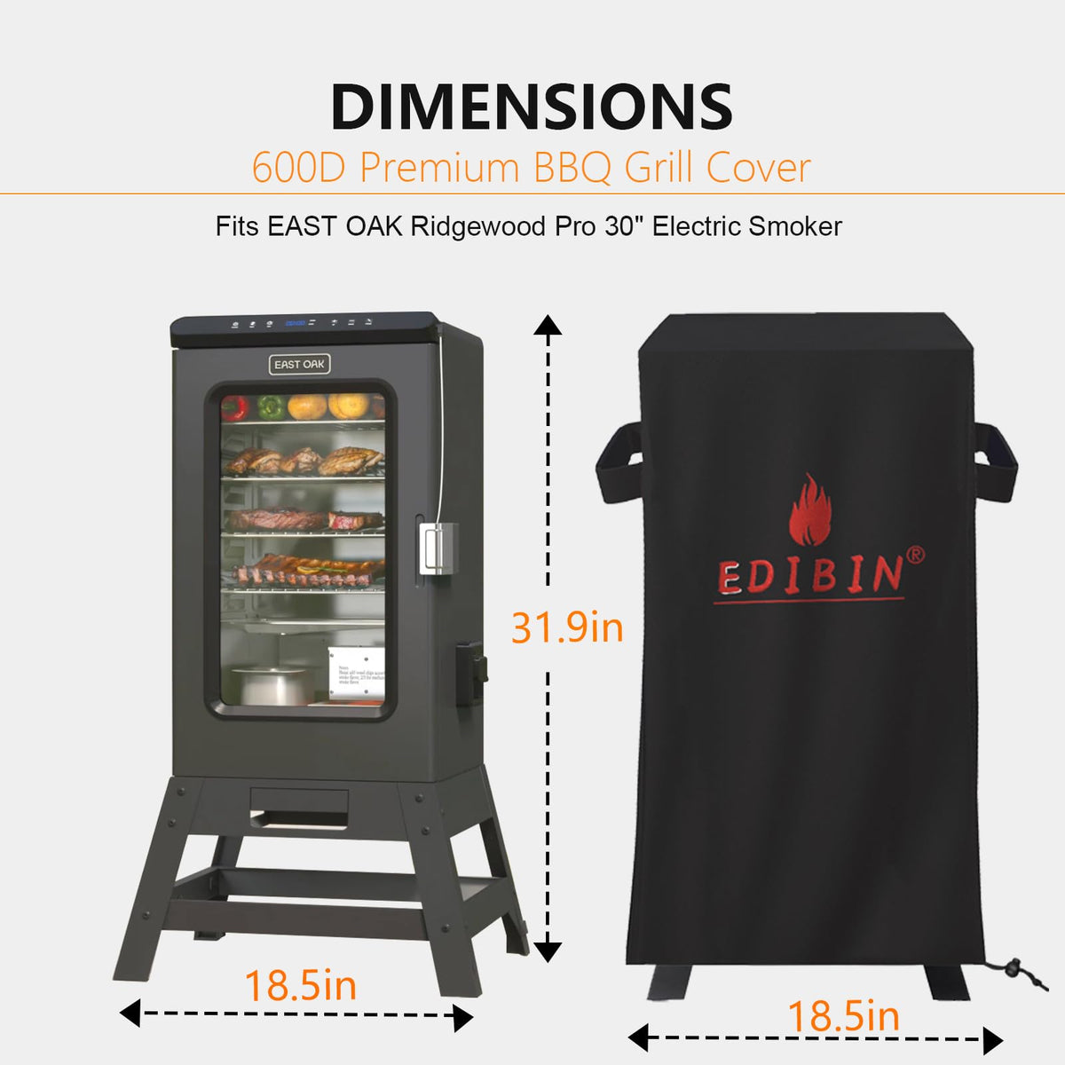 EDIBIN smoker cover highlights waterproof Oxford fabric for durable outdoor protection.