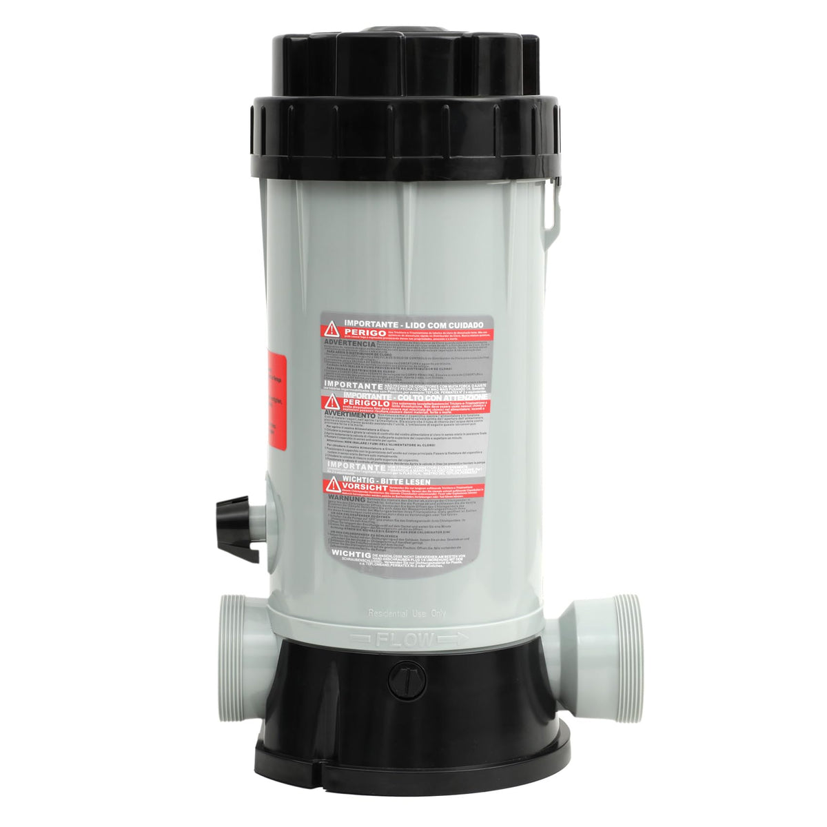 Edovaf CL200 inline chlorinator cap front view for easy tablet loading.
