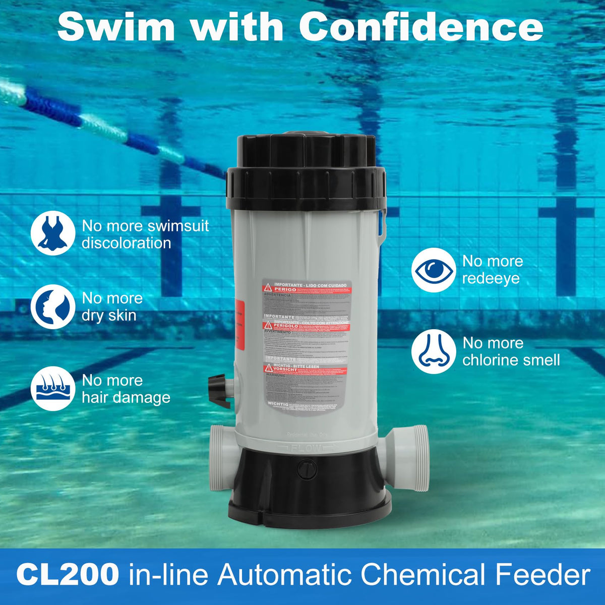 Edovaf CL200 dial control shows adjustable chlorine feed rate for precise dosing.