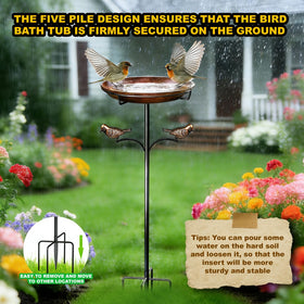 Edrifyah bird bath with 5-prong base demonstrates stable garden support in windy conditions.
