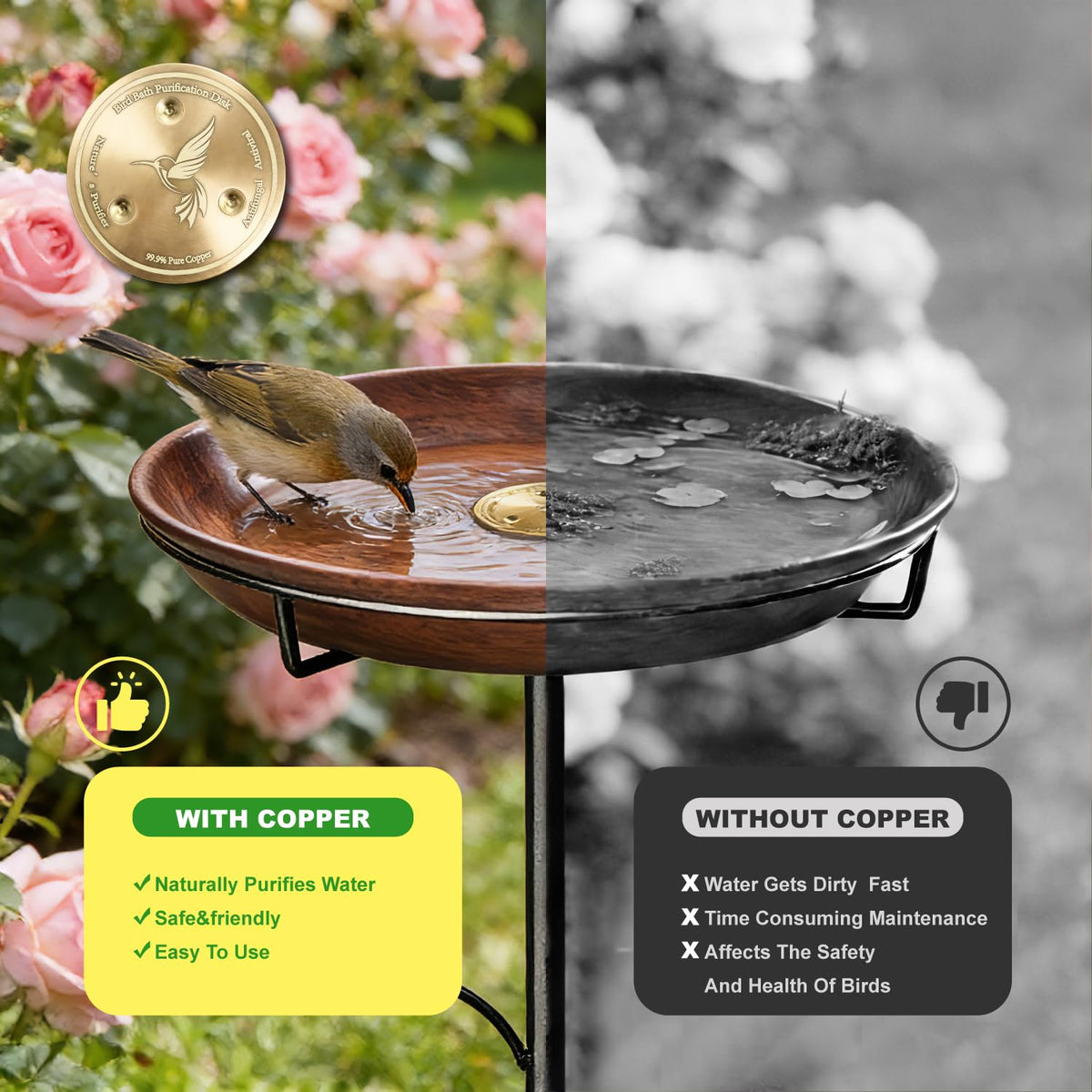 Edrifyah outdoor metal bird feeder-bath combo invites birds to drink and bathe in garden.