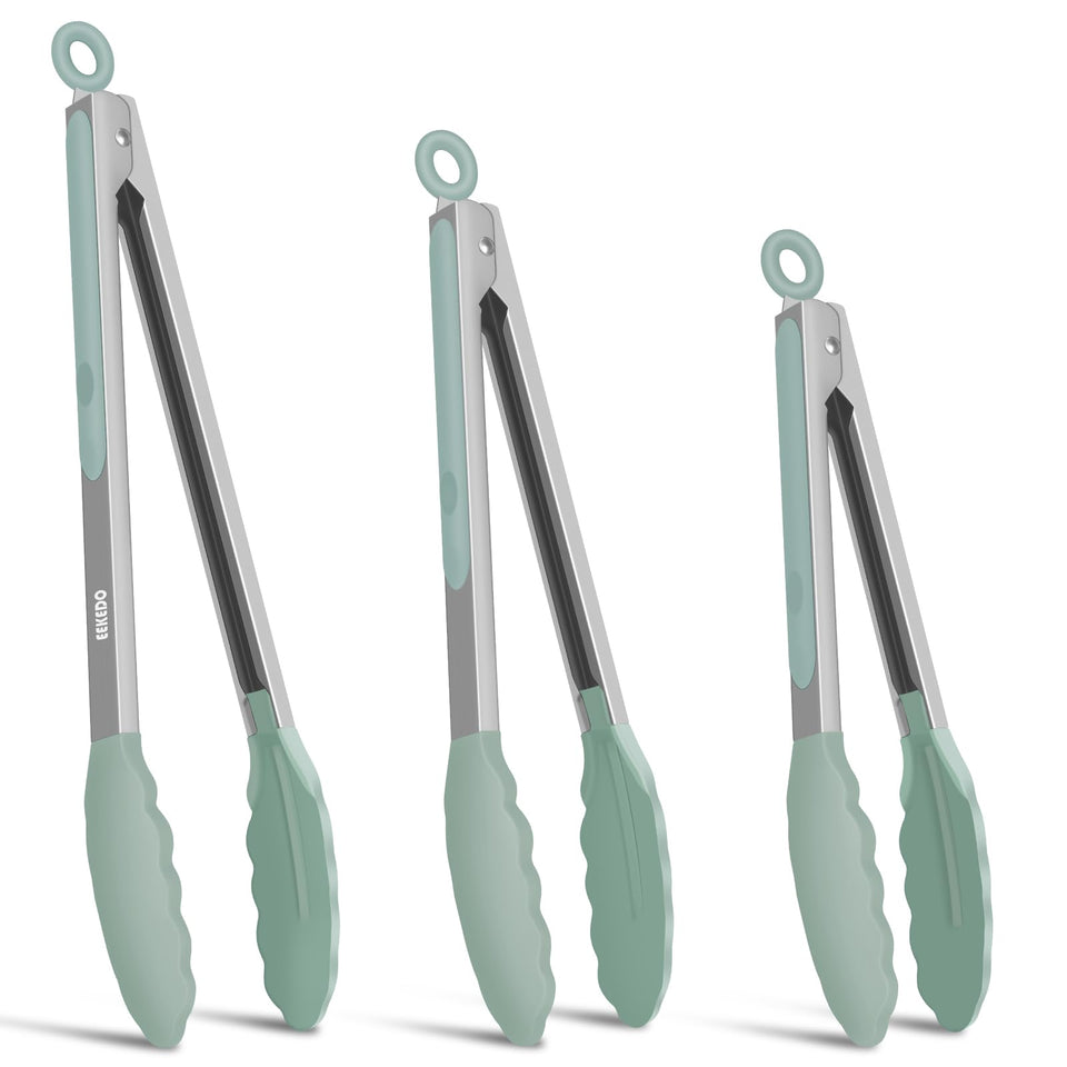 EEKEDO kitchen tongs 7 inch silicone tips ideal for nonstick pans and precise flipping.