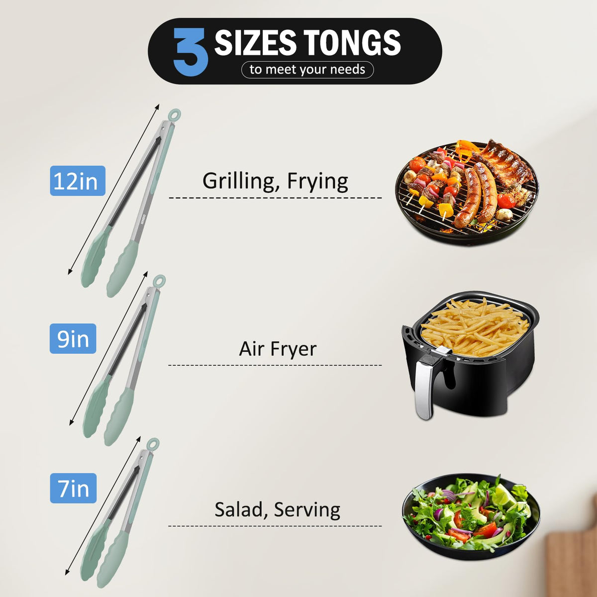 EEKEDO kitchen tongs 9 inch silicone tips handle grilling tasks with control.