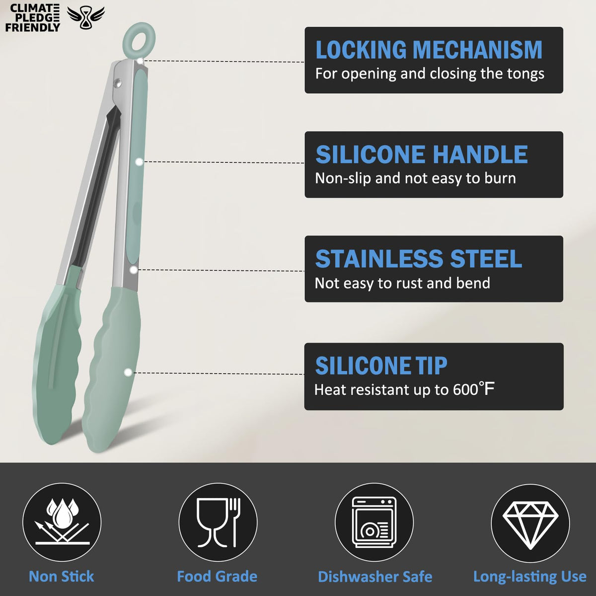 EEKEDO kitchen tongs locking mechanism for compact, one handed operation.