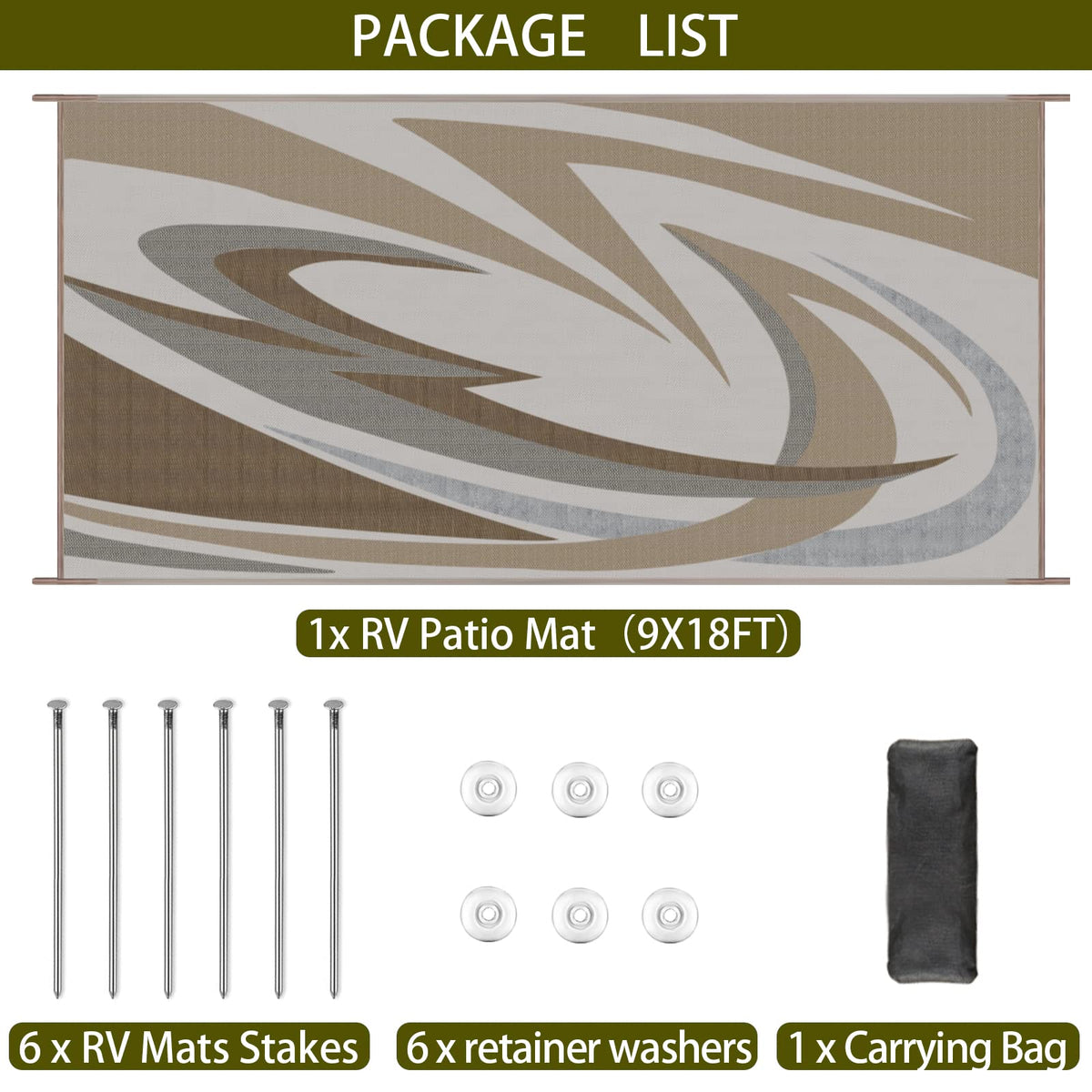 EEZ RV BWW mats include stakes and washers for secure anchoring.