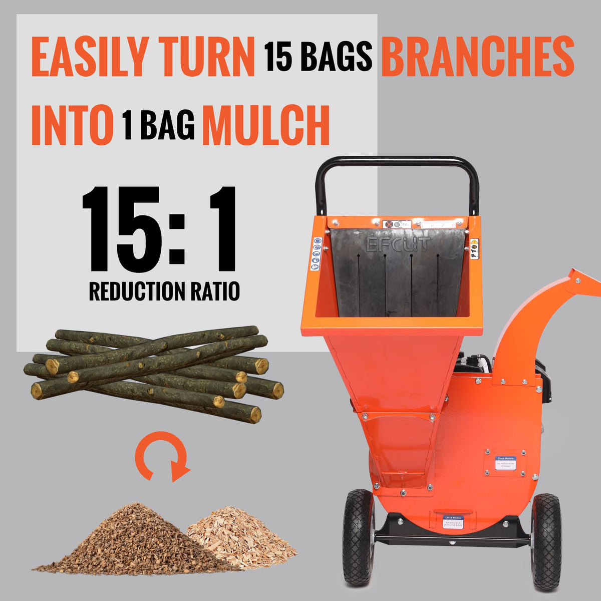 EFCUT C40E mulch output illustrates 15:1 reduction for garden mulch.