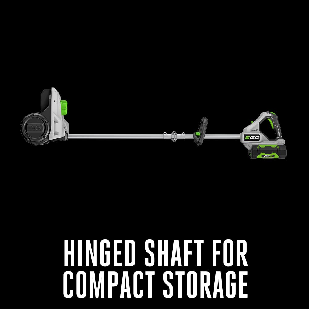 EGO Power+ snow shovel folded with shaft storage in a shed