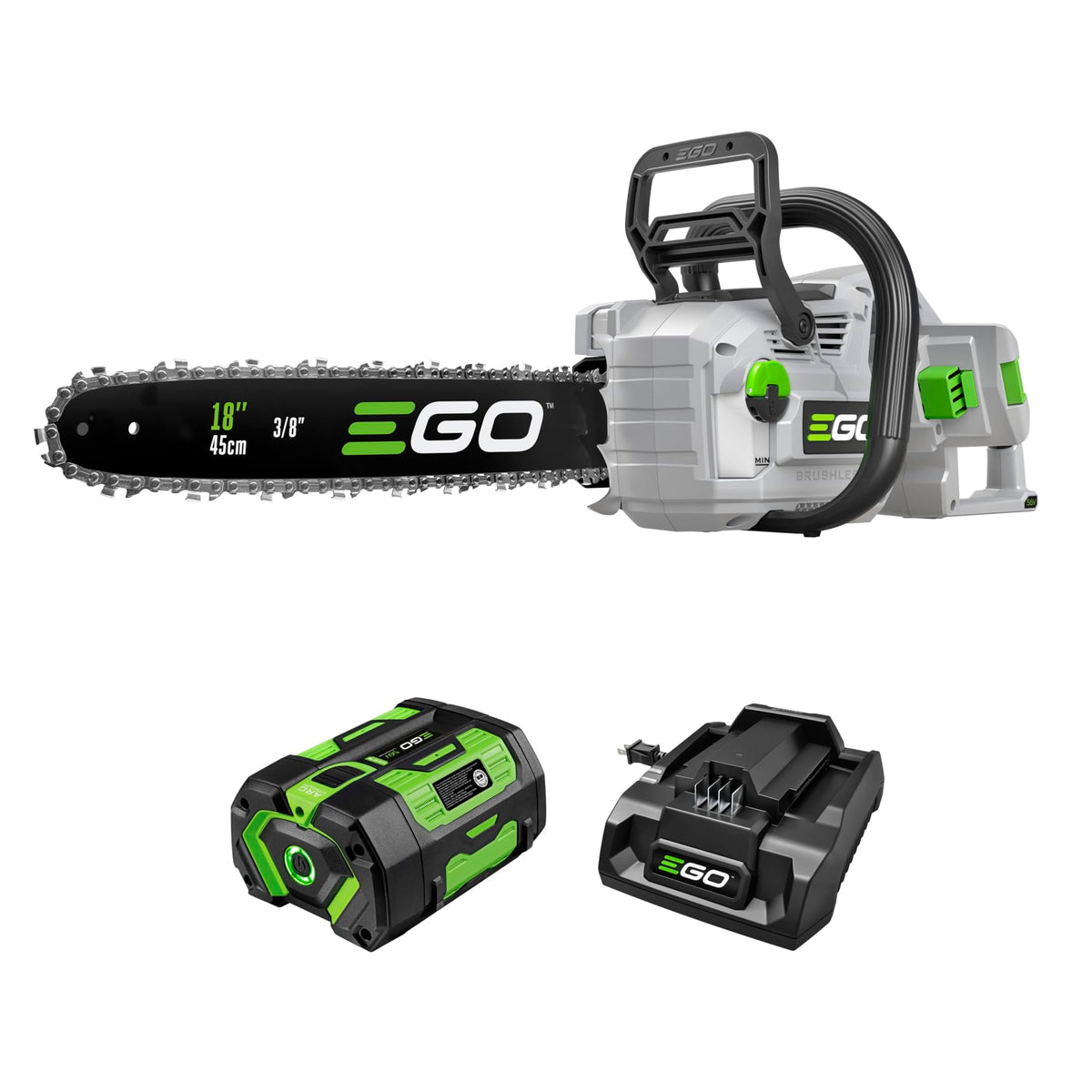 EGO Power+ CS1815 cordless chainsaw with 18-inch bar for fast, precise cuts.
