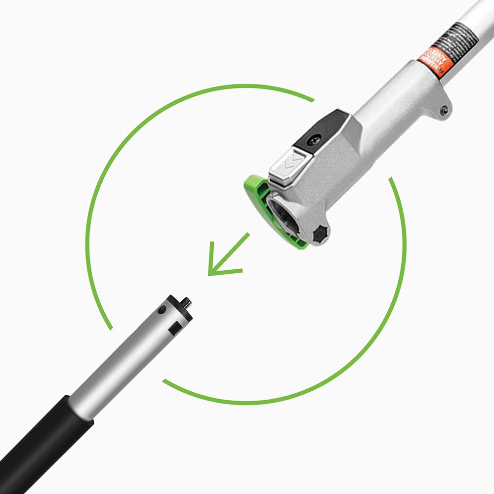 EGO Power+ rubber broom attachment, tool-free design for easy storage.
