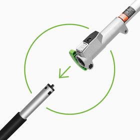 EGO Power+ rubber broom attachment, tool-free design for easy storage.