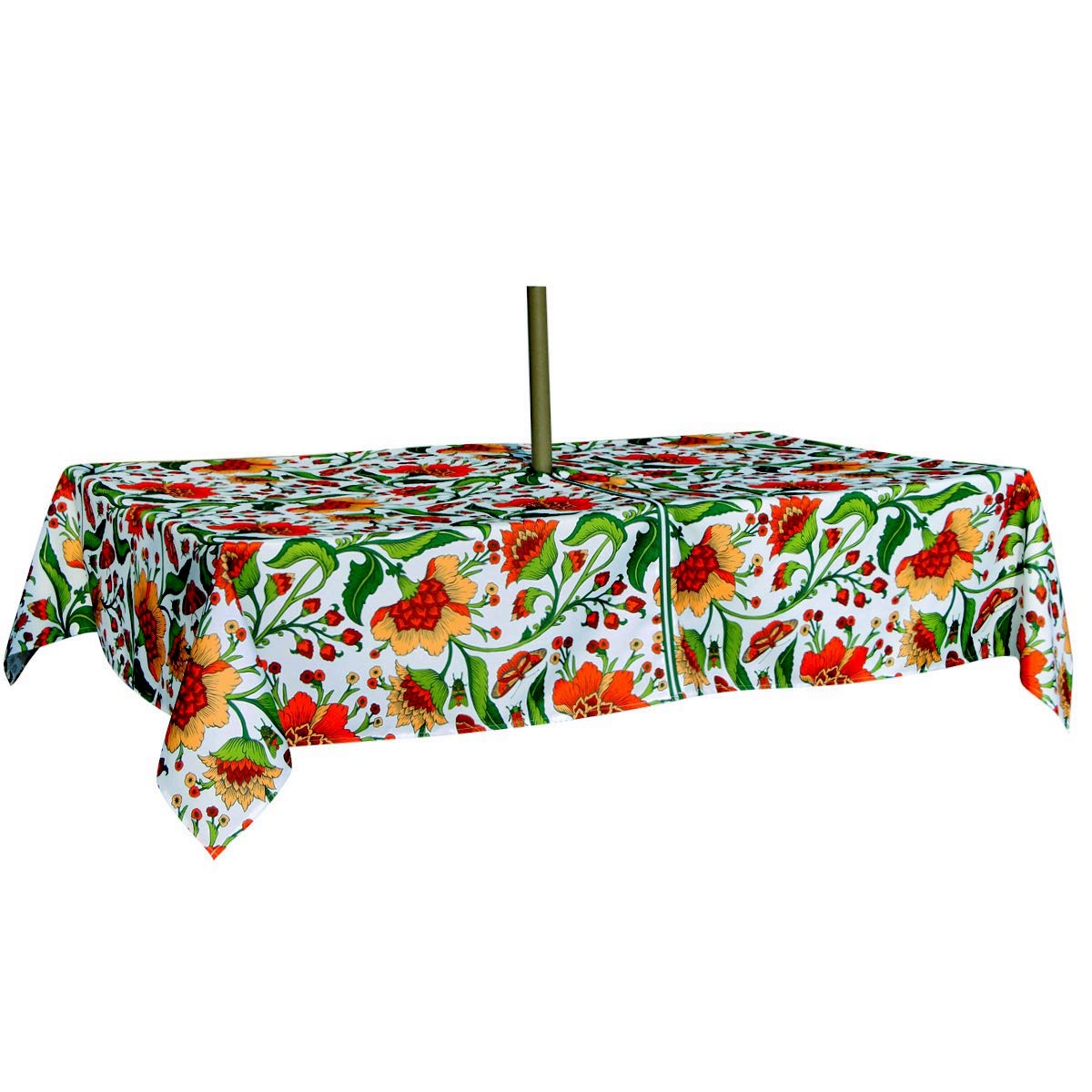 EHouseHome patio dining setup on sunny backyard with tablecloth.