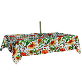 EHouseHome patio dining setup on sunny backyard with tablecloth.