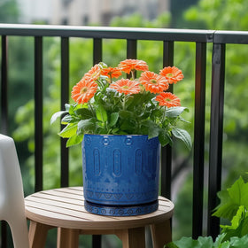 Eightpot blue ceramic plant saucer offers ample water-catching space for spills.