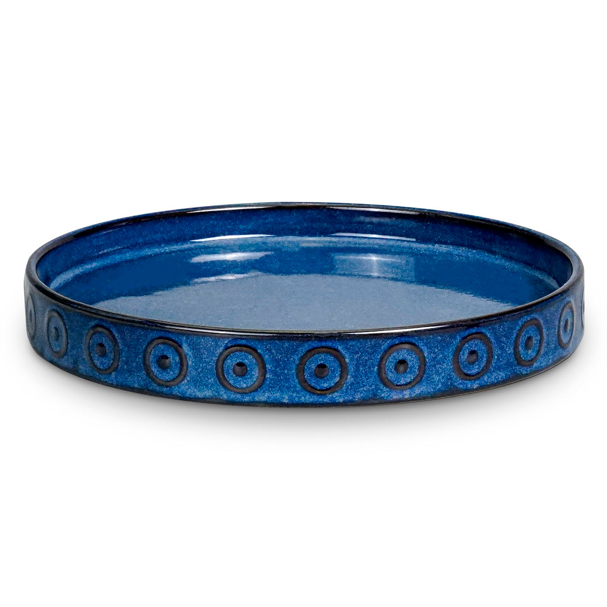 Eightpot blue ceramic plant saucer round 7.5 inch with glazed interior to protect surfaces.