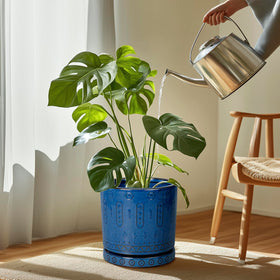 Eightpot blue inside-glaze saucer shows durable ceramic construction.