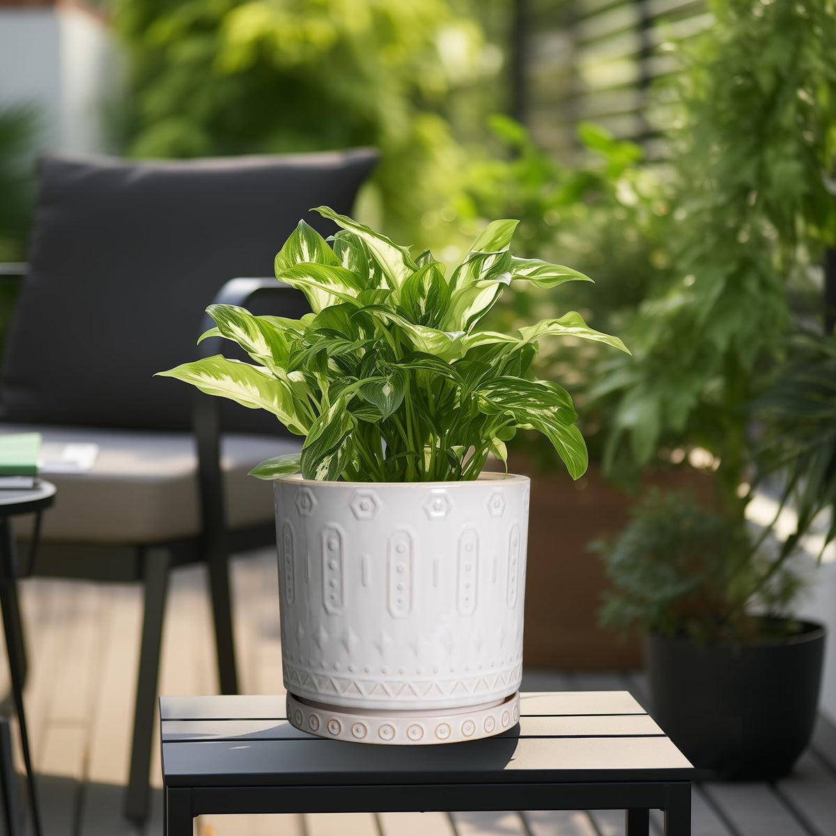 Eightpot 10in ceramic planter side view in white for versatile decor.