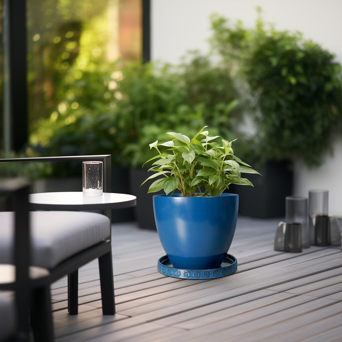 Eightpot ceramic round plant tray for indoor and outdoor use.