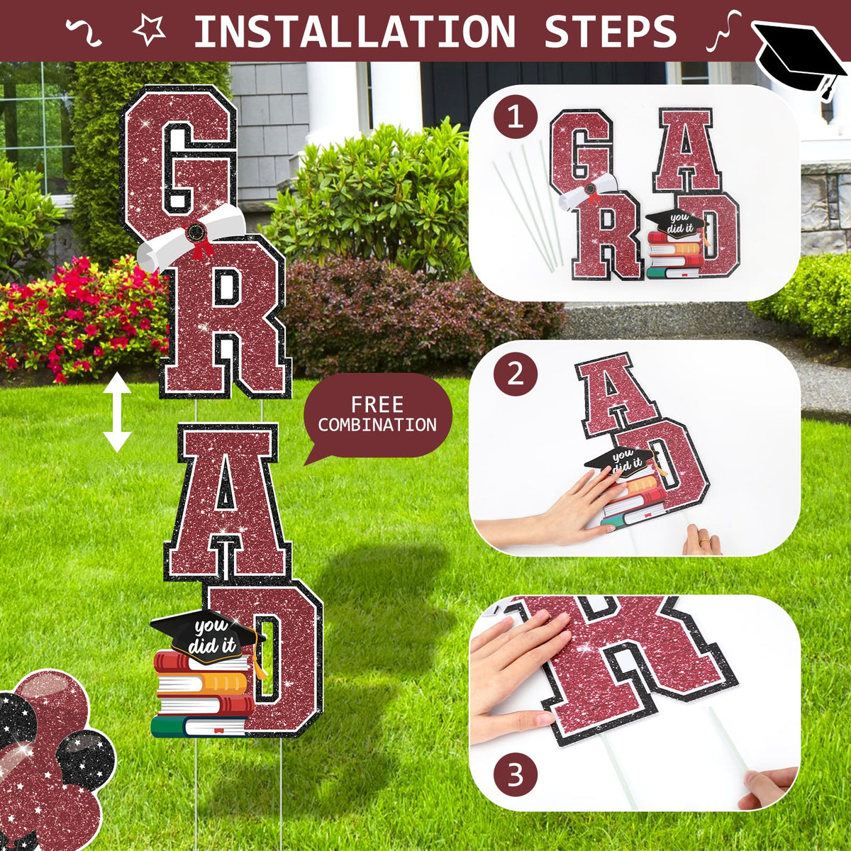 EIMMBD graduation yard sign color contrast with maroon, black, white for eye-catching décor.