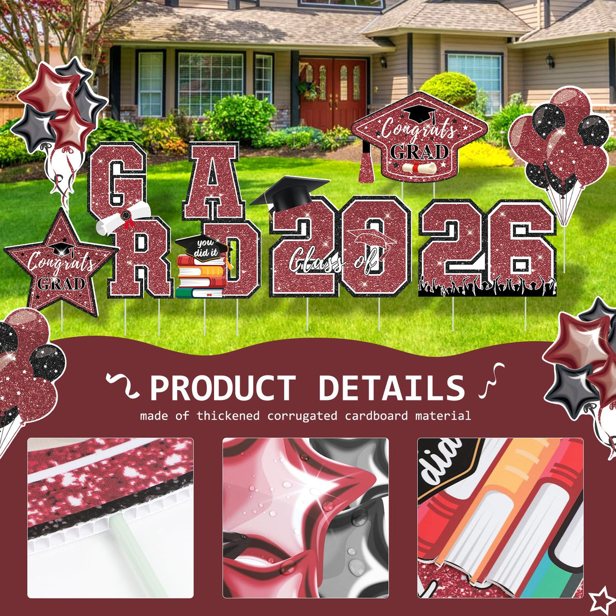 EIMMBD outdoor deployment of graduation yard sign on lawn or garden.