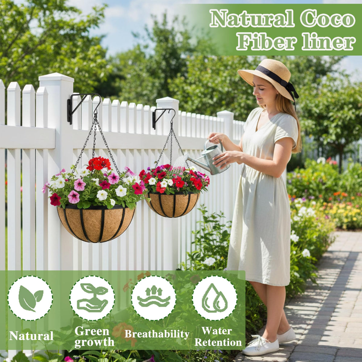EIMQUVW 16-inch hanging planter showcasing round metal frame and coco coir liner