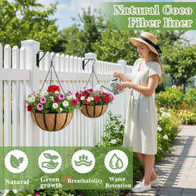 EIMQUVW 16-inch hanging planter showcasing round metal frame and coco coir liner