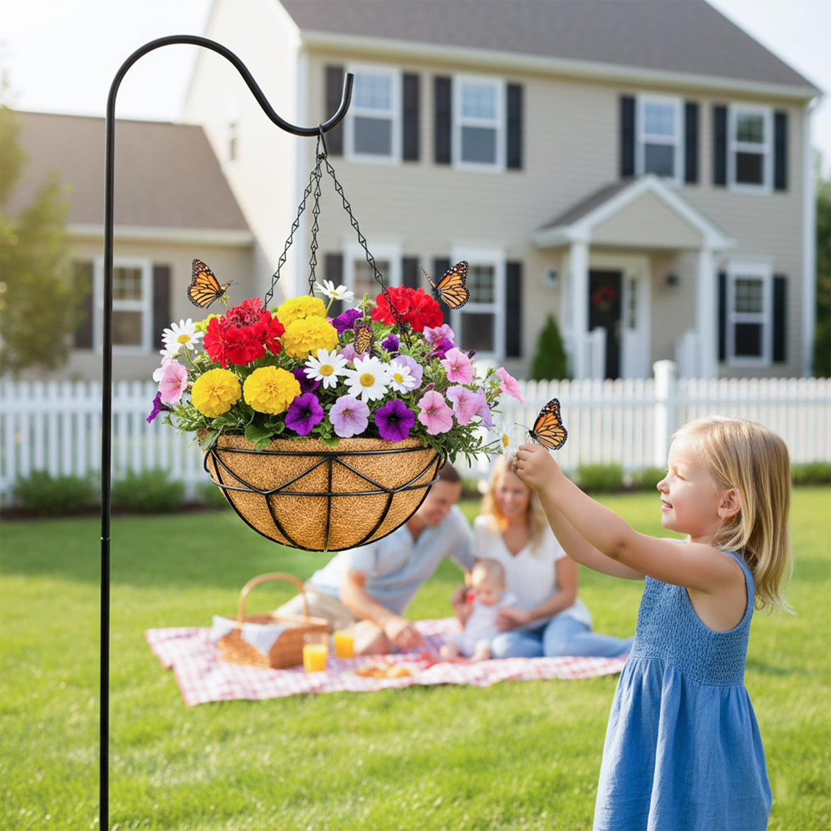EIMQUVW front porch garden setup featuring four baskets in layered display.