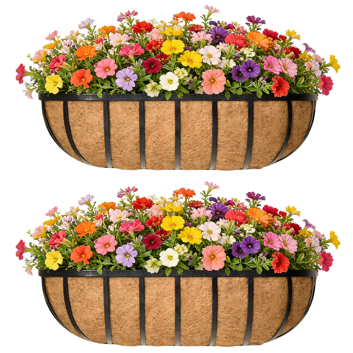 EIMQUVW 16-inch horse trough balcony planter with coconut liner on a durable iron frame.