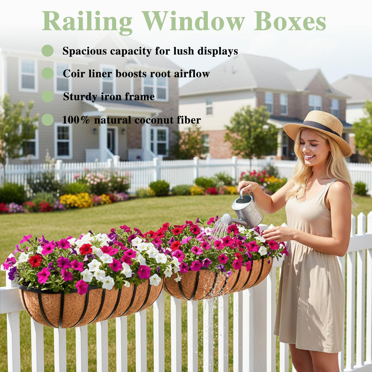 EIMQUVW iron-frame railing planter with coconut liner supports healthy soil near your rails.