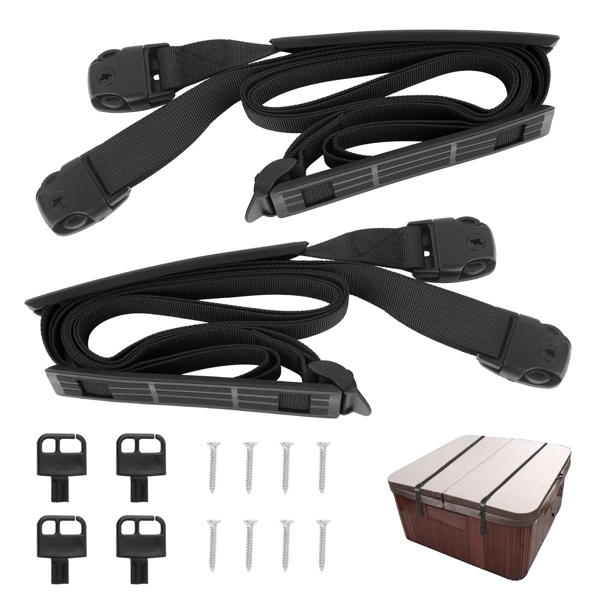 EINDER heavy-duty wind straps for hot tub cover with adjustable length 67–116 inches.