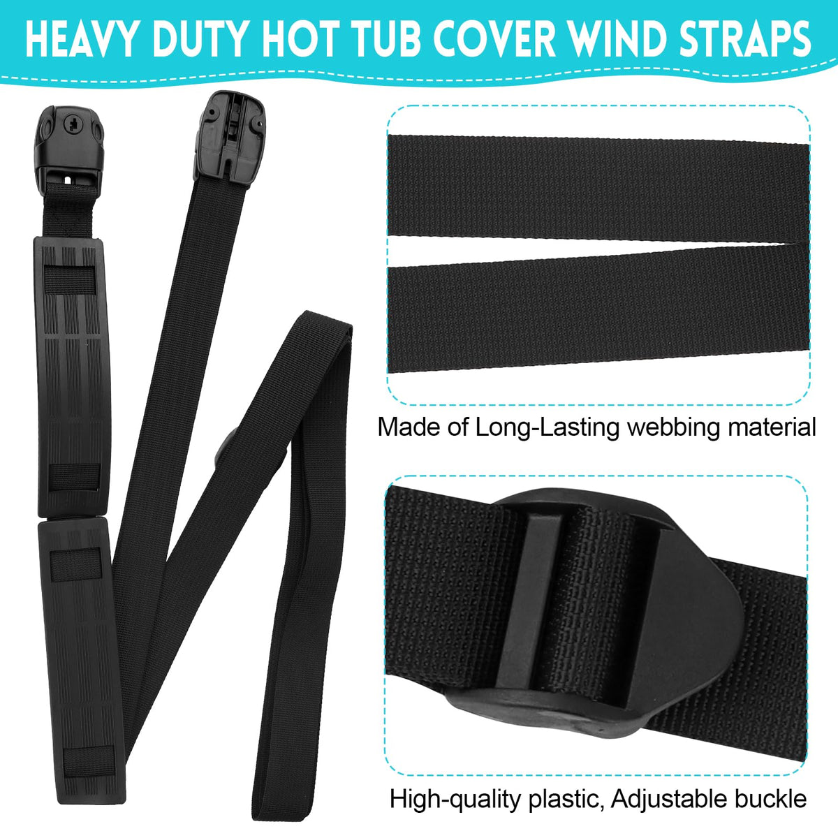 EINDER adjustable hot tub cover straps showing 67–116 inch range.