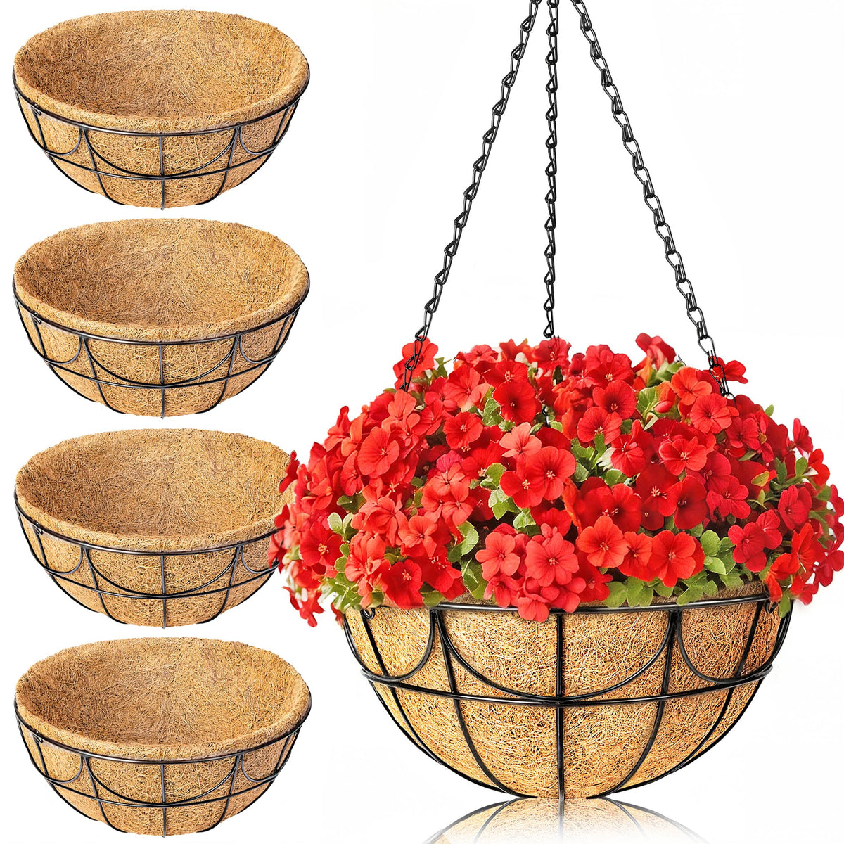 EINYEXW 13.5-inch wire hanging basket highlights open geometric pattern for stylish outdoor decor.