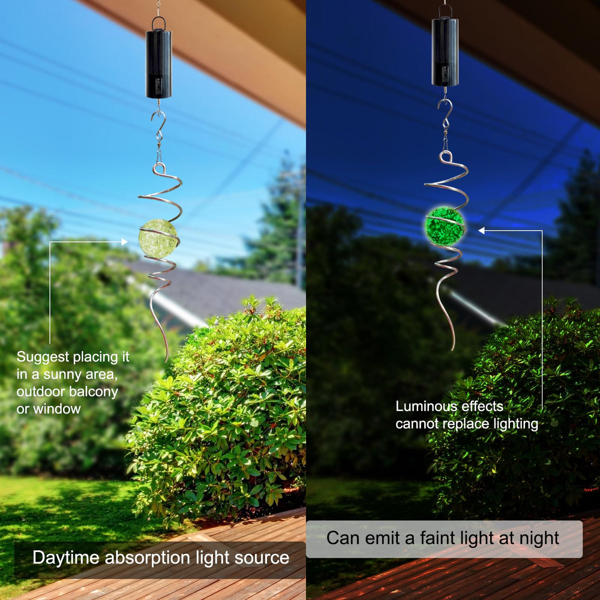 Eiryhope wind spinner stabilizer glows after sun, enhancing garden aesthetics