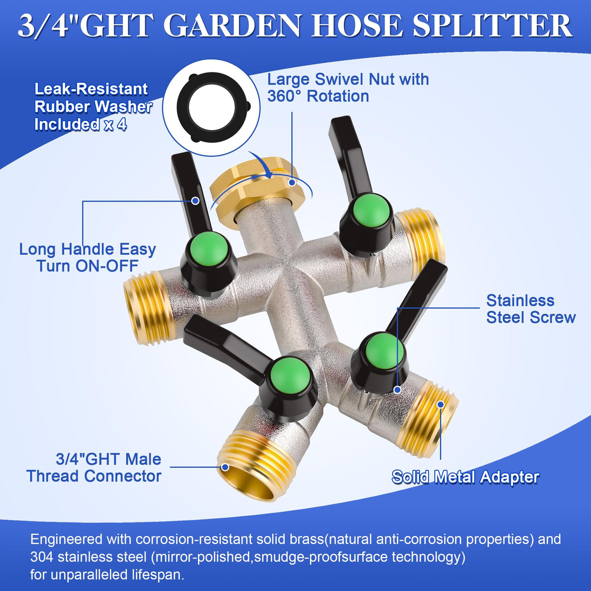 EJW brass hose splitter with durable coating for outdoor use.