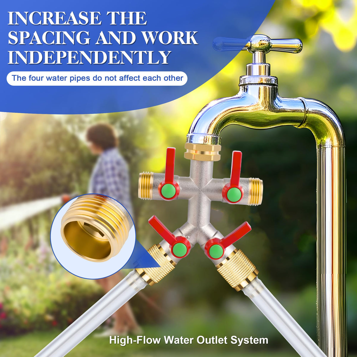 EJW four-way setup enables multi-hose watering for plants and outdoor tasks
