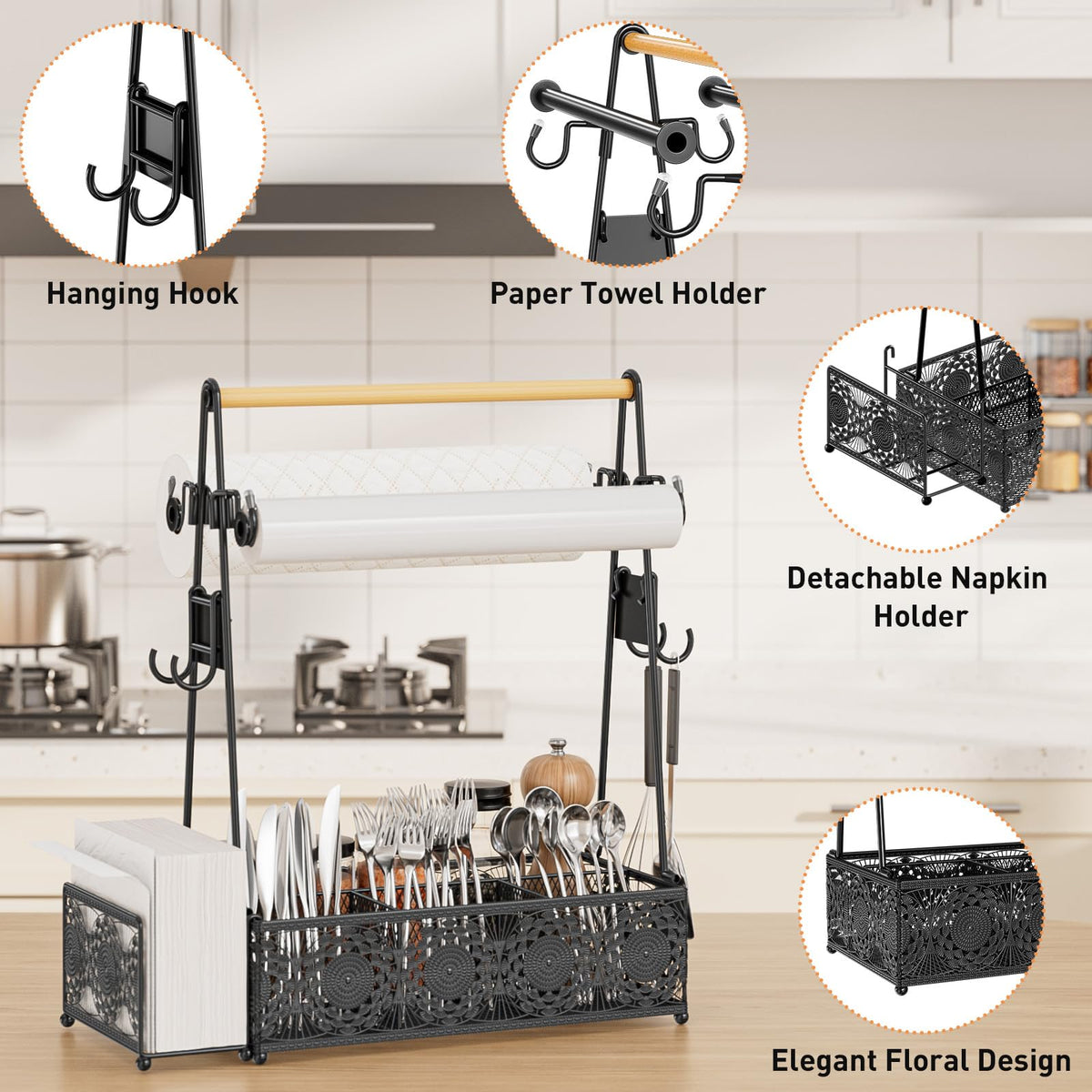 EKNITEY grill caddy with handle and four compartments for organized grilling.